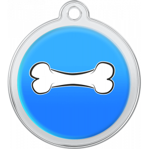 Blue round stainless steel dog tag, 30mm x 33mm, with white bone design and top hole for collar attachment.