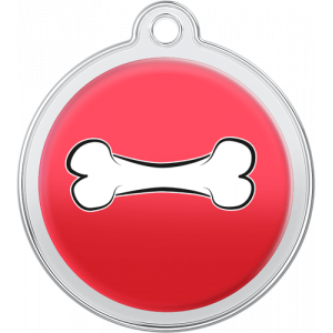 Bone Design Red Red round stainless steel dog tag, 30mm x 33mm, with white bone design and top hole for secure collar attachment.