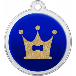Bone Crown Design Blue Blue round stainless steel dog tag, 30mm x 33mm, with gold glitter crown and bone design, top hole for collar attachment.