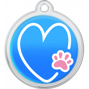 Heart-Paw Design Blue Blue round stainless steel dog tag, 30mm x 33mm, with white heart and pink paw print design, hole for collar attachment.