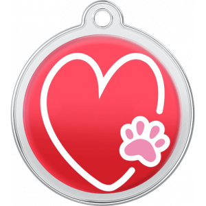 Red round stainless steel dog tag, 30mm x 33mm, with white heart and pink paw print design, hole for collar attachment.