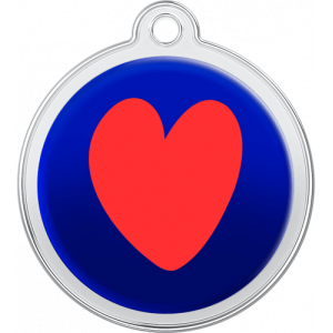 Heart Design Red Blue round stainless steel dog tag, 30mm x 33mm, with large red heart design and top hole for collar attachment.