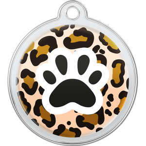 Paw Design Black Cheetah Leopard print round stainless steel dog tag, 30mm x 33mm, with black paw print, and top hole for collar attachment.