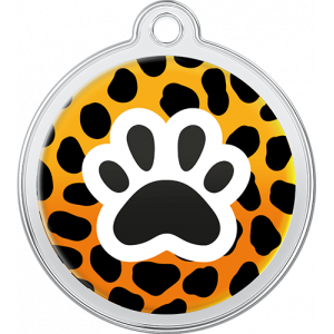 Orange leopard print round stainless steel dog tag, 30mm x 33mm, with black paw print, and top hole for collar attachment.