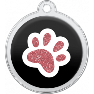 Paw Design Black Black round stainless steel dog tag, 30mm x 33mm, with glittery pink paw print, and top hole for easy collar attachment.