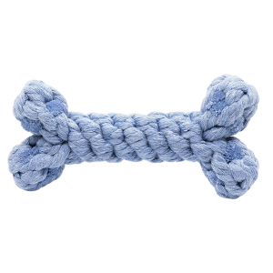 Rope bone dog toy Light blue rope bone dog toy, 15cm x 5cm, with twisted texture for chewing, tugging, and cleaning teeth during play.