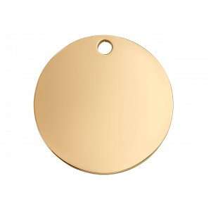 Round gold stainless steel dog tag with mirror finish, customisable on both sides with dog?s name and contact information.