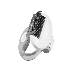 Dog and Cat Dematting Undercoat Rake Comb with Handle White dematting comb with curved stainless steel teeth and rotating grey handle, ideal for removing mats and loose hair.