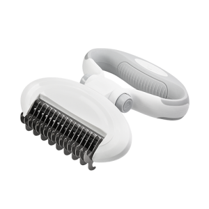 Dog and Cat Dematting Undercoat Rake Comb with Handle Pet undercoat rake with detachable grey handle and metal teeth, perfect for grooming dogs and cats with medium to long coats.