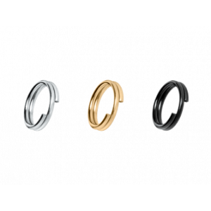 Set of three stainless steel split rings in silver, gold and black, 10mm each, with rust-resistant polished finish.