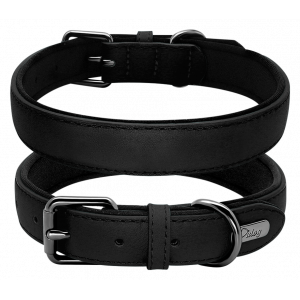Padded Leather Collar Black leather dog collar front and back view, with soft neoprene lining, D-ring and buckle for comfort and security.