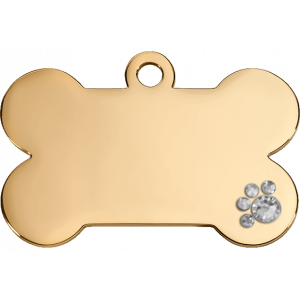 Luxury gold bone dog tag with crystal paw detail, stainless steel, engraved both sides with name, address and contact info.