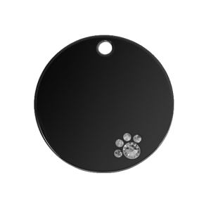 Luxury Round Black Dog Tag Luxury black round dog tag with crystal paw detail, stainless steel, engraved both sides with name, address and contact info.